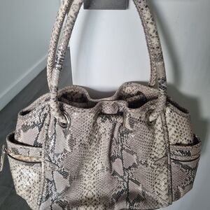 Snake-Print Drawstring Tote Bag in Taupe